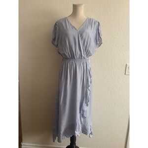 Naif Striped Wrap Midi Dress Women L Blue White Good Ruffle High Low V-Neck